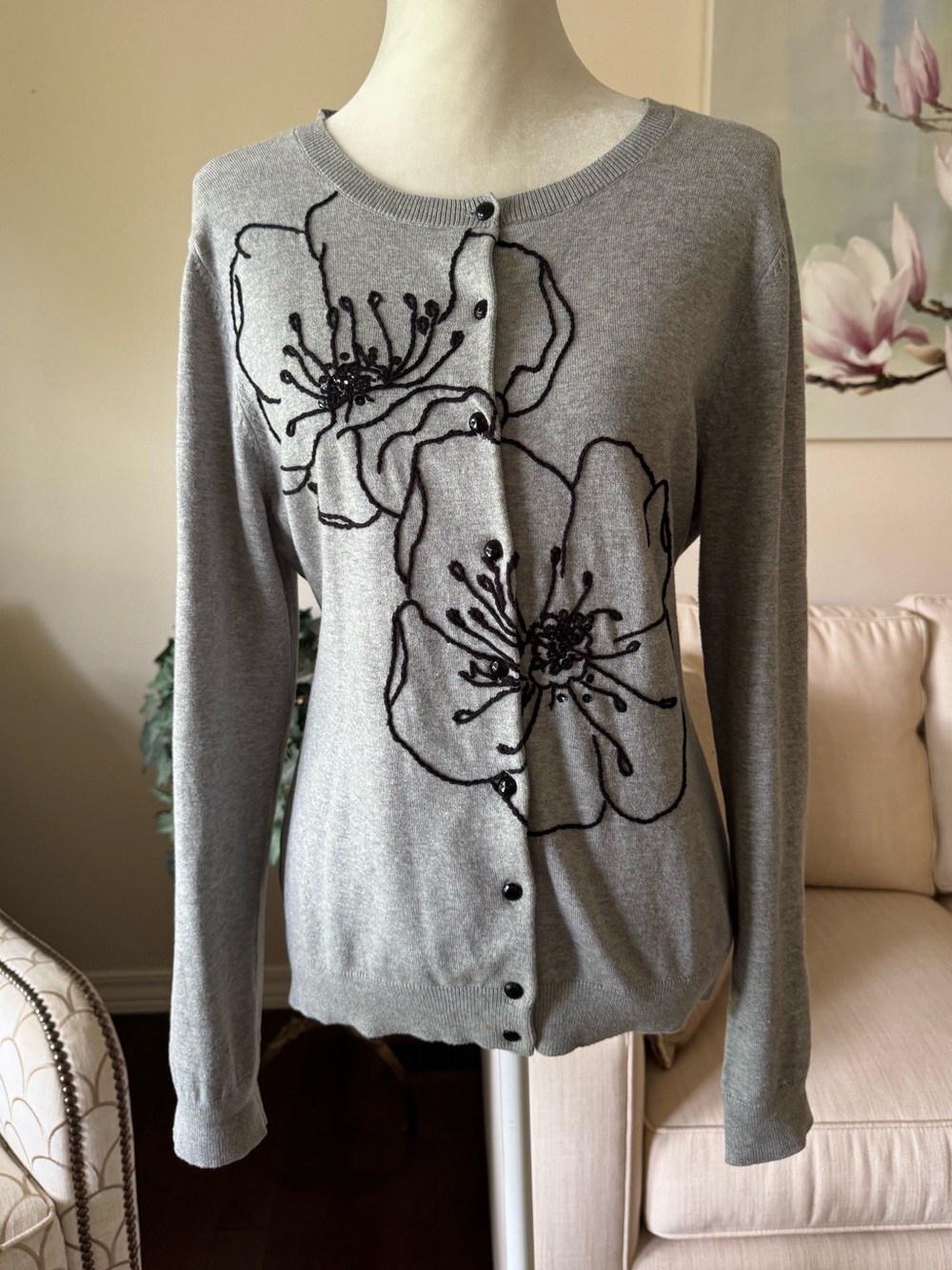 Charter Club Grey Cardigan Sweater With Embroidered Flowers XL